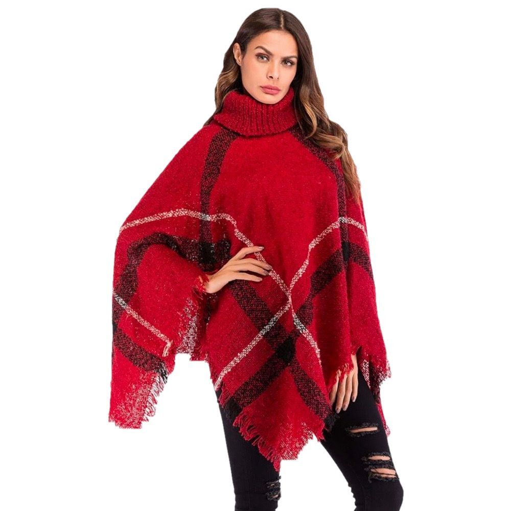 Red Flannel Turtleneck Shawl Poncho